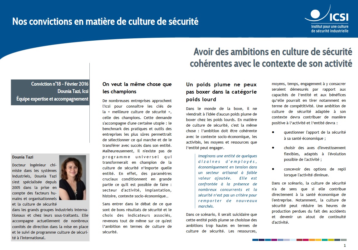 Avoir des ambitions en culture de sécurité cohérentes avec le contexte de son activité