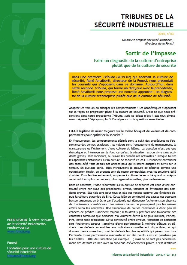 Sortir de l'impasse : faire un diagnostic de la culture d’entreprise plutôt que de la culture de sécurité 