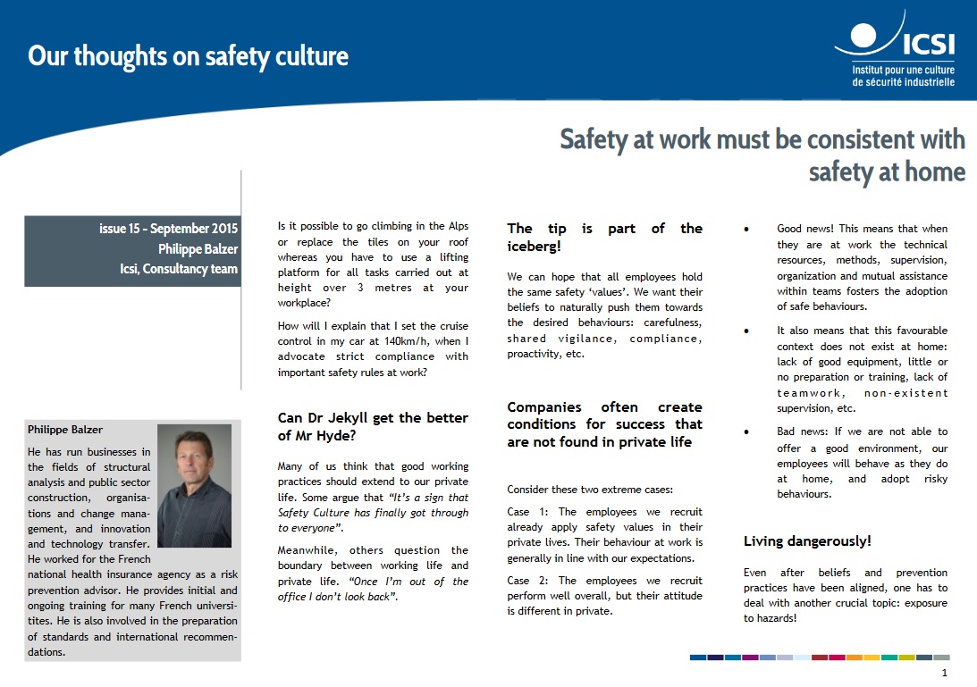 Safety at work must be consistent with safety at home